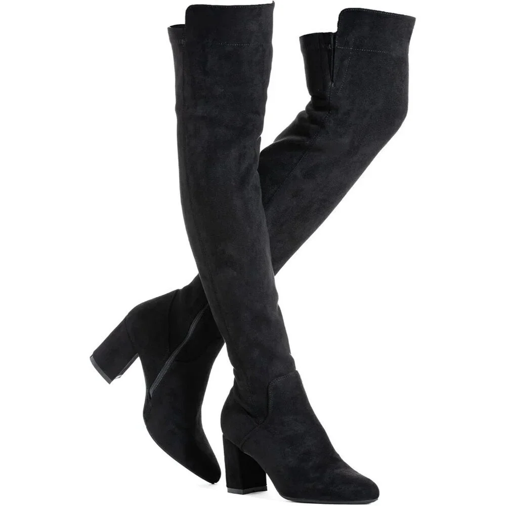 Women Black/3 Inch Heel Faux Suede Over The Knee Thigh High Low Block Heel Boot